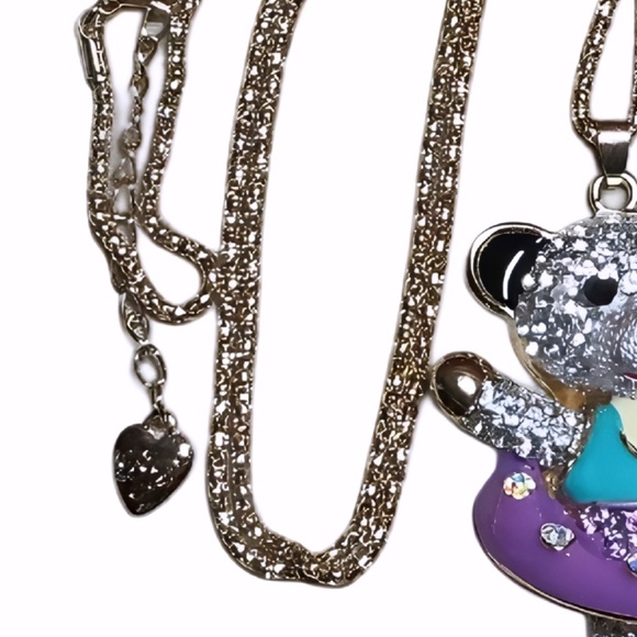 Betsey Johnson Teddy Bear Necklace, Gold Tone, Crystals, Purple Tutu, 28" Chain - Picture 2 of 10